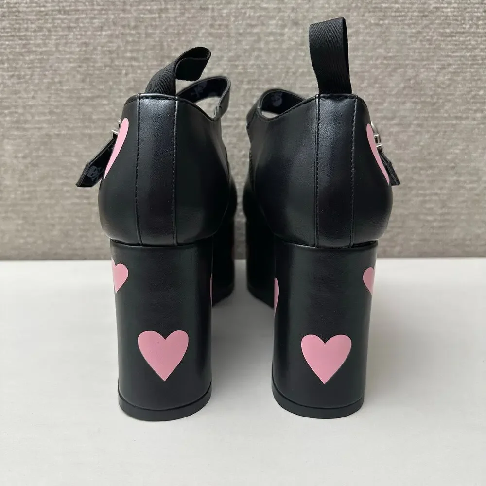 Dolls Kill LAMODA Hung Up Black Chunky Platform Heels Pink Heart 9 Lolita Goth